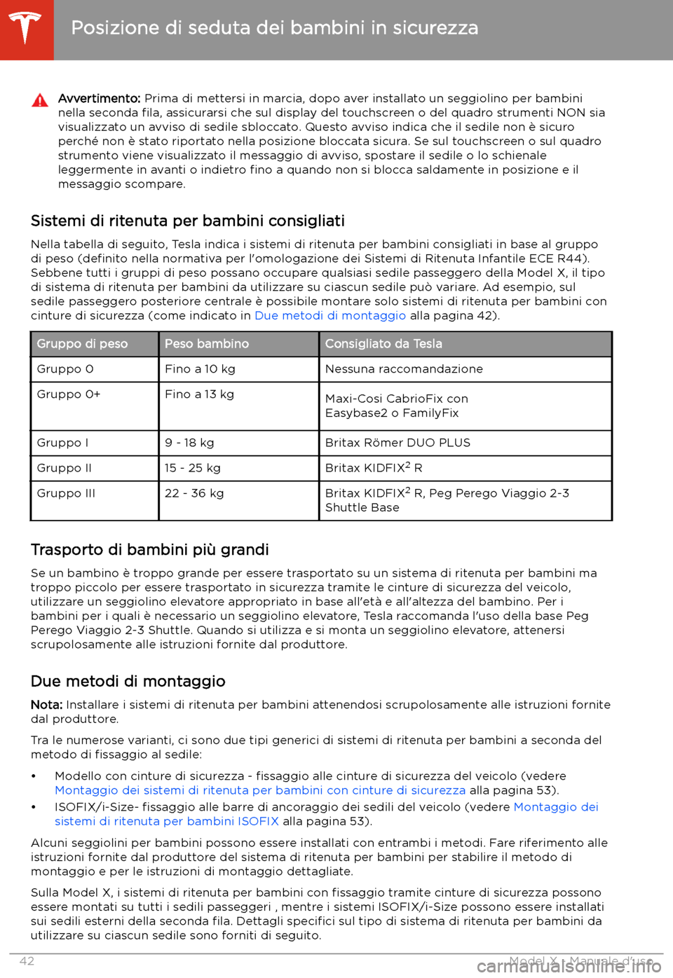 TESLA MODEL X 2020 Manuale del proprietario (in Italian) Avvertimento: Prima di mettersi in marcia, dopo aver installato un seggiolino per bambini
nella seconda TESLA MODEL X 2020 Manuale del proprietario (in Italian) Avvertimento: Prima di mettersi in marcia, dopo aver installato un seggiolino per bambini
nella seconda