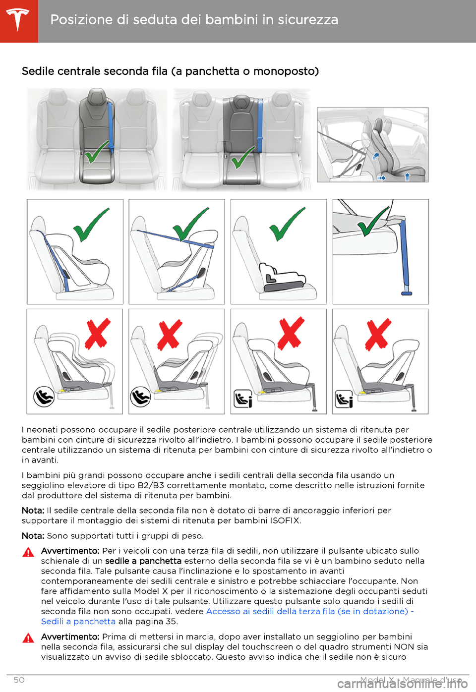 TESLA MODEL X 2020 Manuale del proprietario (in Italian) Sedile centrale seconda TESLA MODEL X 2020 Manuale del proprietario (in Italian) Sedile centrale seconda