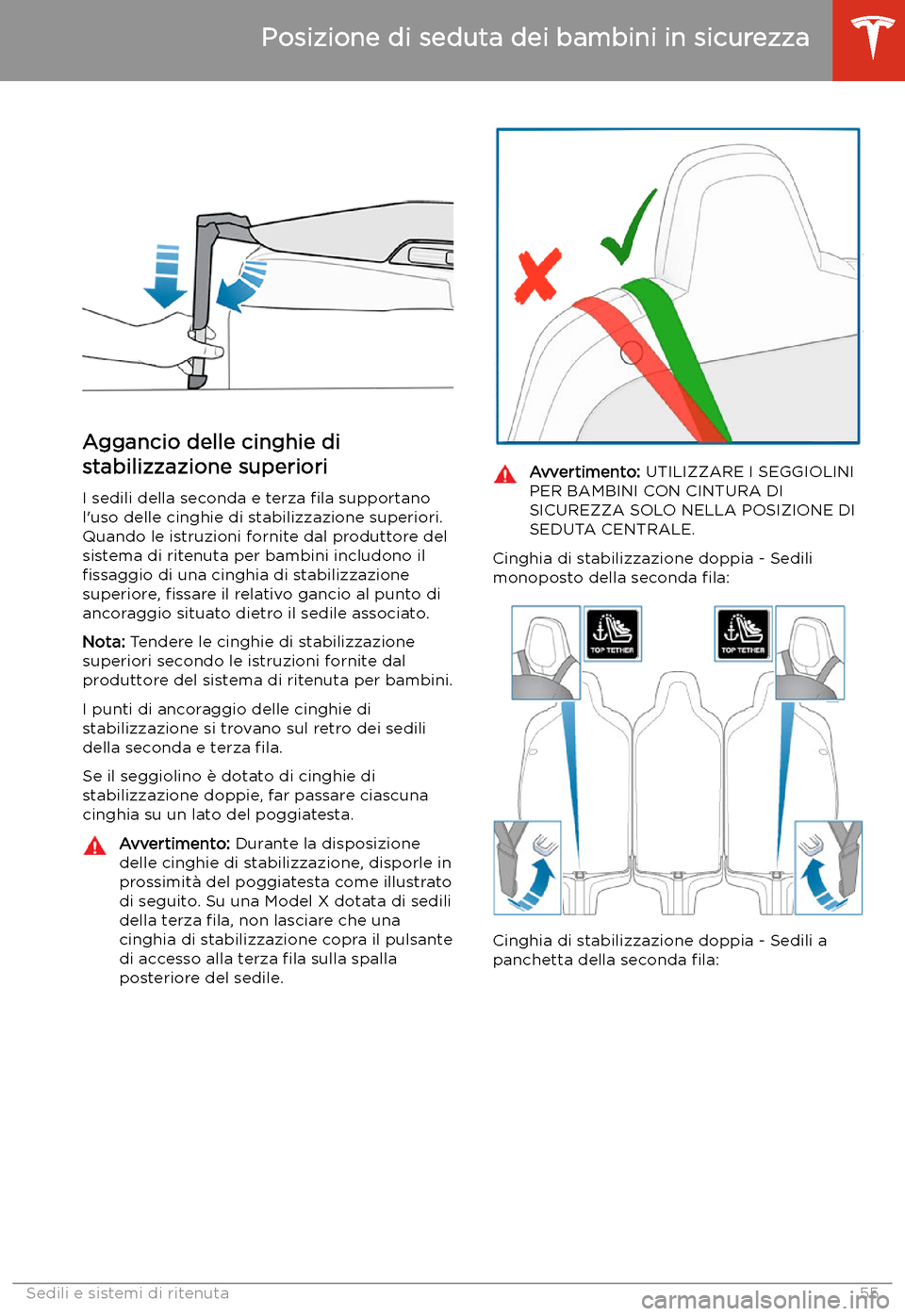 TESLA MODEL X 2020 Manuale del proprietario (in Italian) Aggancio delle cinghie di
stabilizzazione superiori
I sedili della seconda e terza TESLA MODEL X 2020 Manuale del proprietario (in Italian) Aggancio delle cinghie di
stabilizzazione superiori
I sedili della seconda e terza