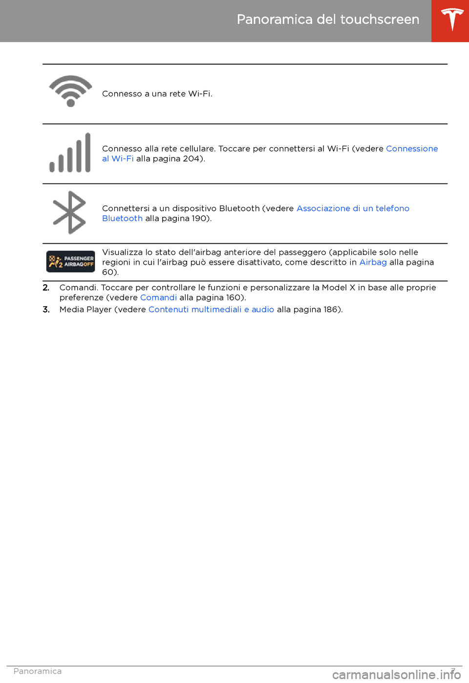 TESLA MODEL X 2020  Manuale del proprietario (in Italian) Connesso a una rete Wi-Fi.Connesso alla rete cellulare. Toccare per connettersi al Wi-Fi (vedere Connessione
al Wi-Fi  alla pagina 204).Connettersi a un dispositivo Bluetooth (vedere  Associazione di 