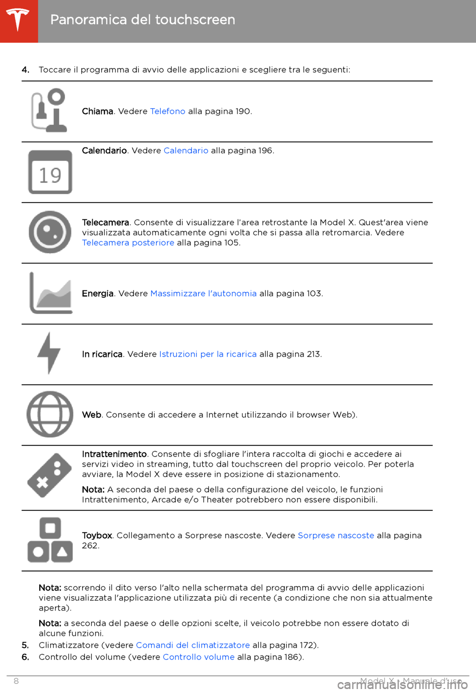 TESLA MODEL X 2020  Manuale del proprietario (in Italian) 4.Toccare il programma di avvio delle applicazioni e scegliere tra le seguenti:
Chiama . Vedere  Telefono alla pagina 190.
Calendario . Vedere Calendario  alla pagina 196.Telecamera . Consente di visu