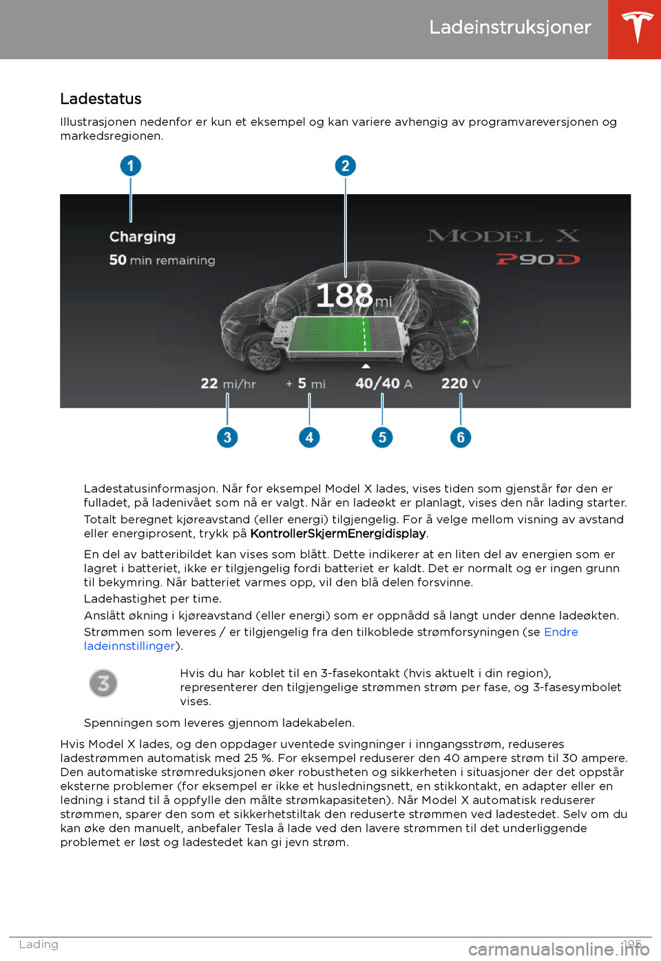 TESLA MODEL X 2020 Brukerhåndbok (in Norwegian) Ladestatus
Illustrasjonen nedenfor er kun et eksempel og kan variere avhengig av programvareversjonen og markedsregionen.
Ladestatusinformasjon. Når for eksempel Model X lades, vises tiden som gjenst TESLA MODEL X 2020 Brukerhåndbok (in Norwegian) Ladestatus
Illustrasjonen nedenfor er kun et eksempel og kan variere avhengig av programvareversjonen og markedsregionen.
Ladestatusinformasjon. Når for eksempel Model X lades, vises tiden som gjenst