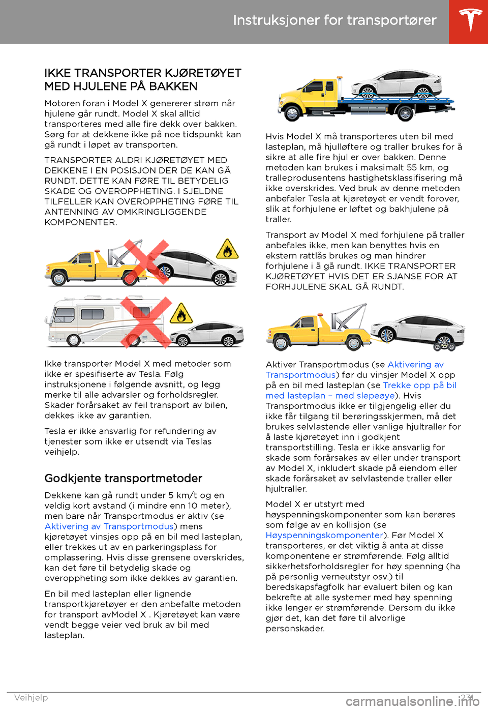 TESLA MODEL X 2020  Brukerhåndbok (in Norwegian)  Instruksjoner for transport