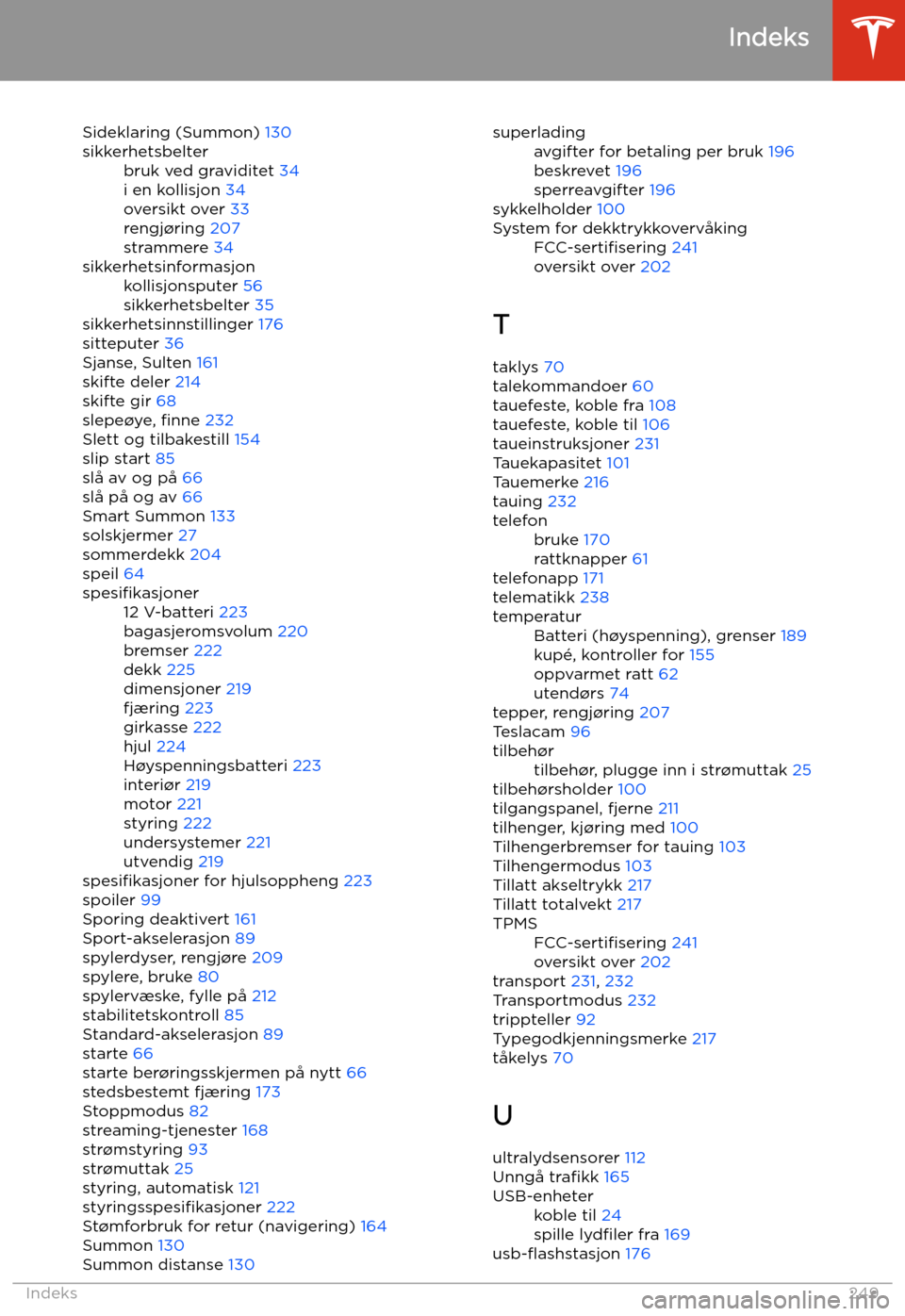 TESLA MODEL X 2020 Brukerhåndbok (in Norwegian) Sideklaring (Summon) 130sikkerhetsbelterbruk ved graviditet 34
i en kollisjon 34
oversikt over 33
rengj TESLA MODEL X 2020 Brukerhåndbok (in Norwegian) Sideklaring (Summon) 130sikkerhetsbelterbruk ved graviditet 34
i en kollisjon 34
oversikt over 33
rengj