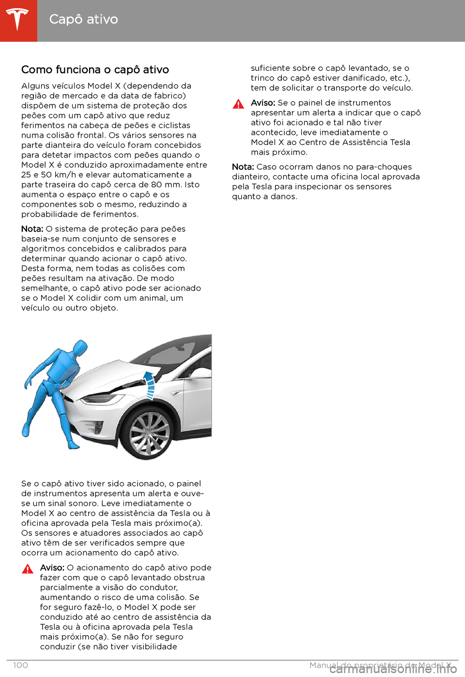 TESLA MODEL X 2020 Manual do proprietário (in Portuguese) Capô ativo
Como funciona o capô ativo
Alguns ve TESLA MODEL X 2020 Manual do proprietário (in Portuguese) Capô ativo
Como funciona o capô ativo
Alguns ve