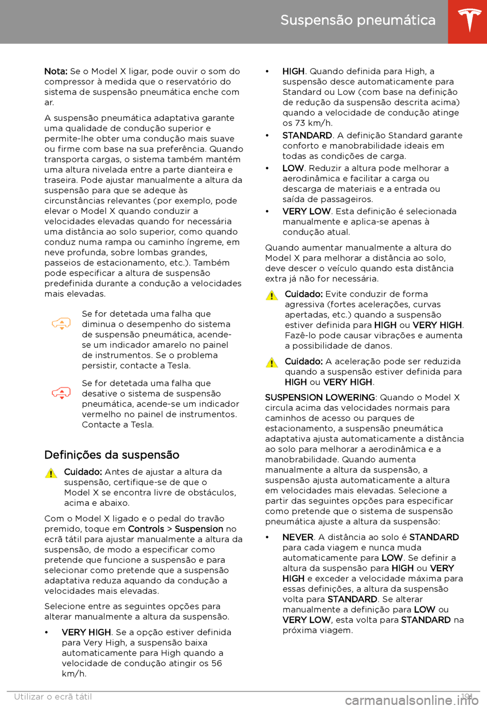 TESLA MODEL X 2020 Manual do proprietário (in Portuguese) Suspens TESLA MODEL X 2020 Manual do proprietário (in Portuguese) Suspens