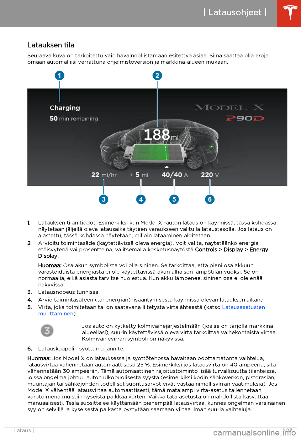 TESLA MODEL X 2020 Omistajan käsikirja (in Finnish) Latauksen tila
Seuraava kuva on tarkoitettu vain havainnollistamaan esitetty TESLA MODEL X 2020 Omistajan käsikirja (in Finnish) Latauksen tila
Seuraava kuva on tarkoitettu vain havainnollistamaan esitetty