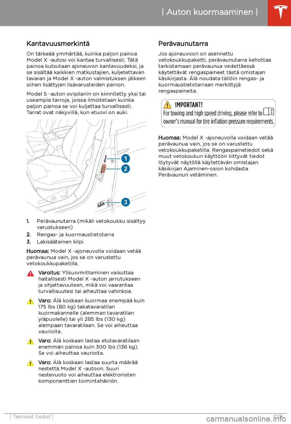 TESLA MODEL X 2020 Omistajan käsikirja (in Finnish) Auton kuormaaminen
Kantavuusmerkint TESLA MODEL X 2020 Omistajan käsikirja (in Finnish) Auton kuormaaminen
Kantavuusmerkint