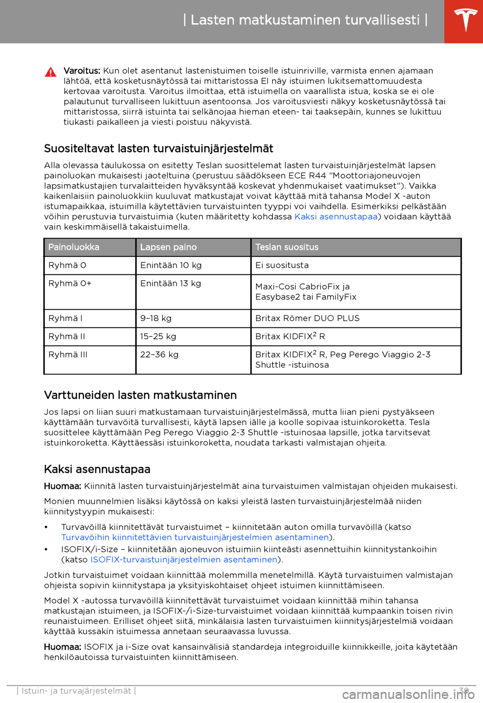 TESLA MODEL X 2020 Omistajan käsikirja (in Finnish) Varoitus: Kun olet asentanut lastenistuimen toiselle istuinriville, varmista ennen ajamaan
l TESLA MODEL X 2020 Omistajan käsikirja (in Finnish) Varoitus: Kun olet asentanut lastenistuimen toiselle istuinriville, varmista ennen ajamaan
l