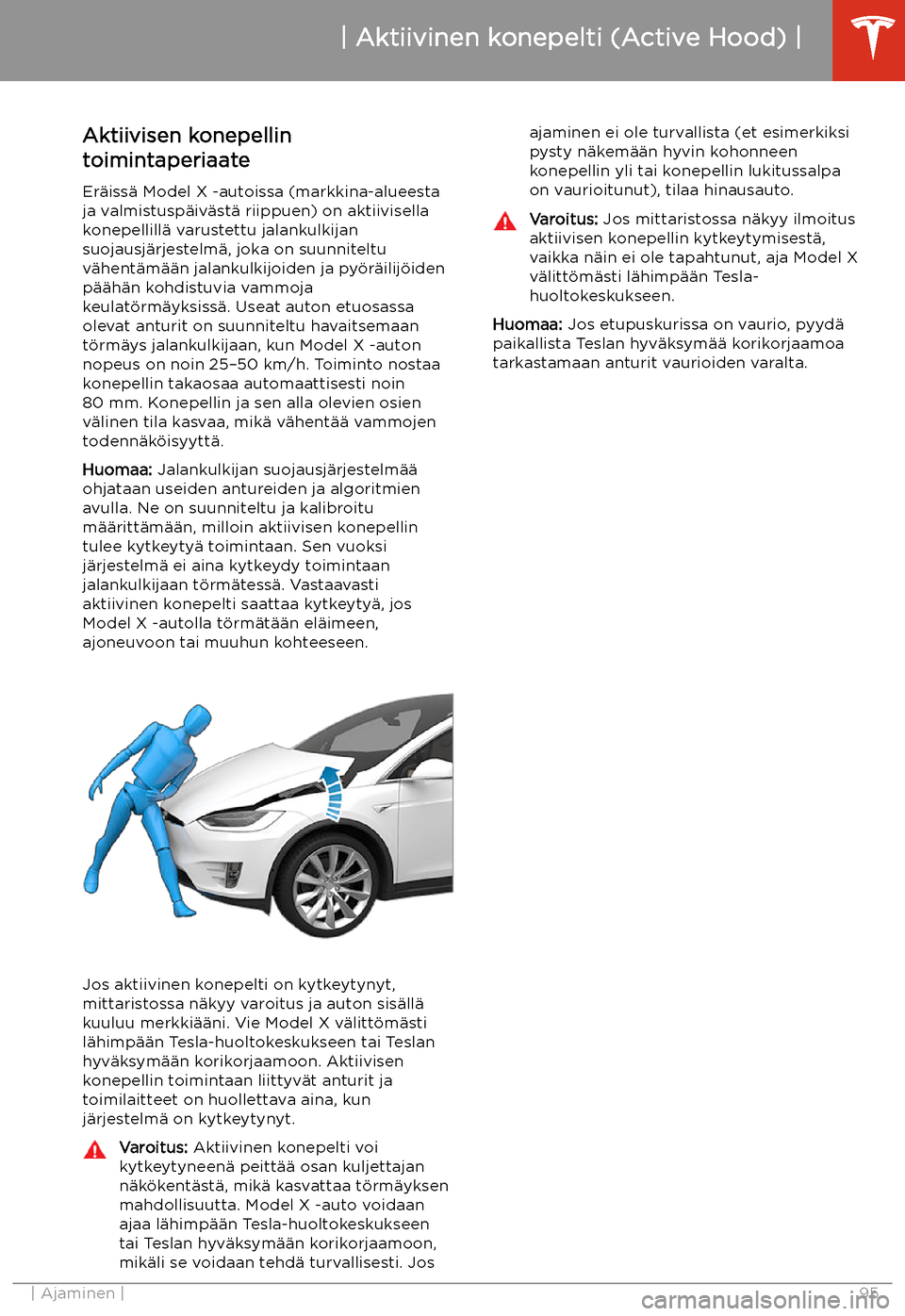 TESLA MODEL X 2020  Omistajan käsikirja (in Finnish)  Aktiivinen konepelti (Active Hood)
Aktiivisen konepellin
toimintaperiaate
Er