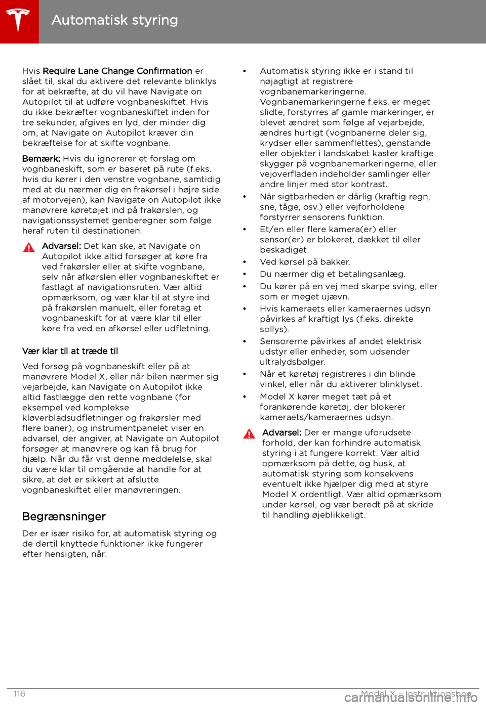 TESLA MODEL X 2019  Instruktionsbog (in Danish) Hvis Require Lane Change  Con TESLA MODEL X 2019  Instruktionsbog (in Danish) Hvis Require Lane Change  Con