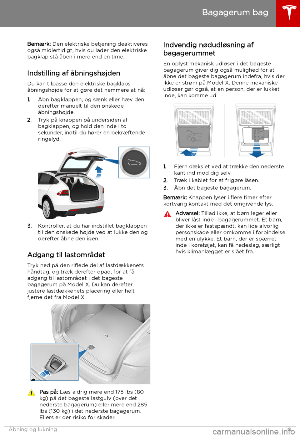 TESLA MODEL X 2019 Instruktionsbog (in Danish) Bem TESLA MODEL X 2019 Instruktionsbog (in Danish) Bem