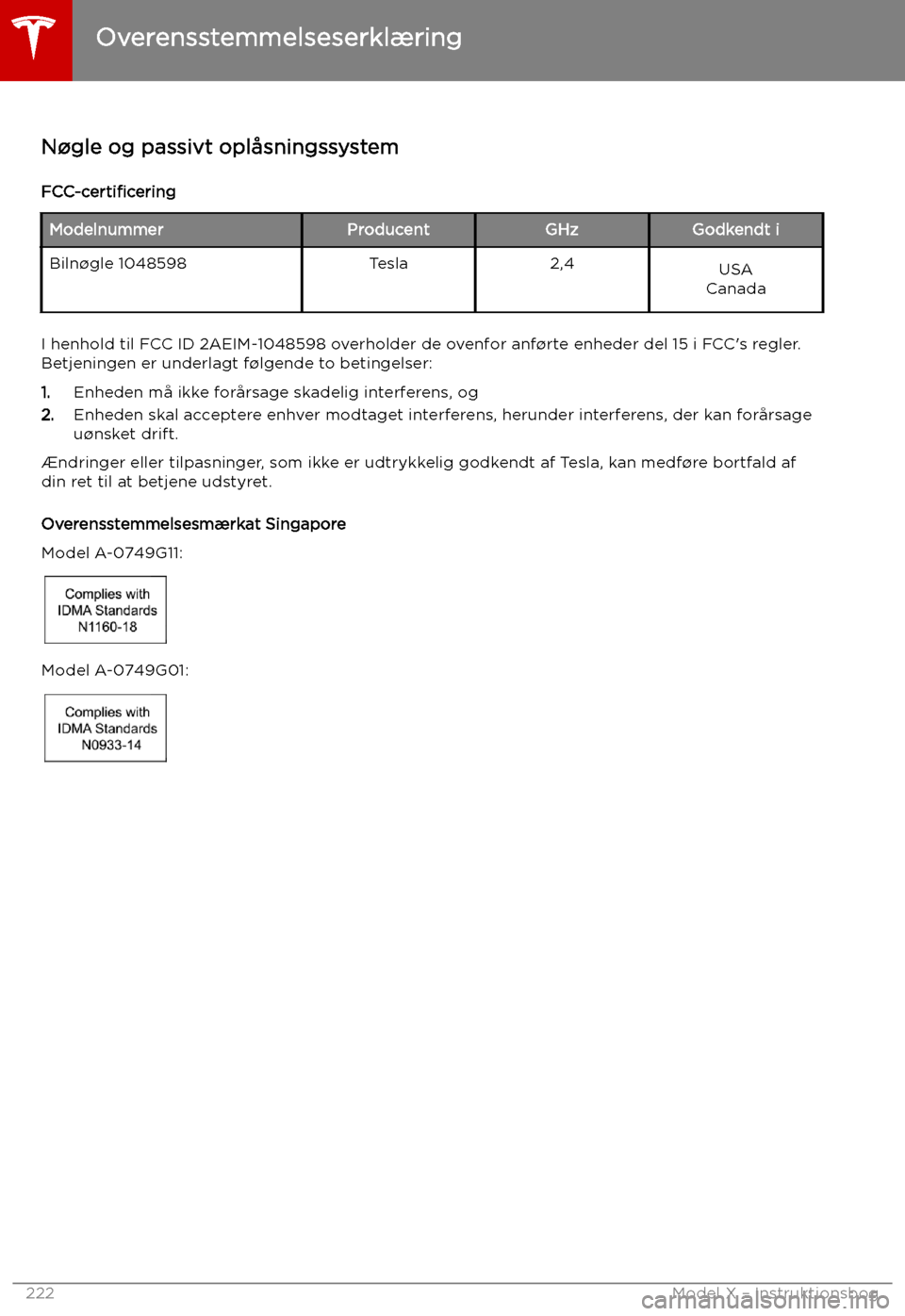 TESLA MODEL X 2019 Instruktionsbog (in Danish) Overensstemmelseserkl TESLA MODEL X 2019 Instruktionsbog (in Danish) Overensstemmelseserkl