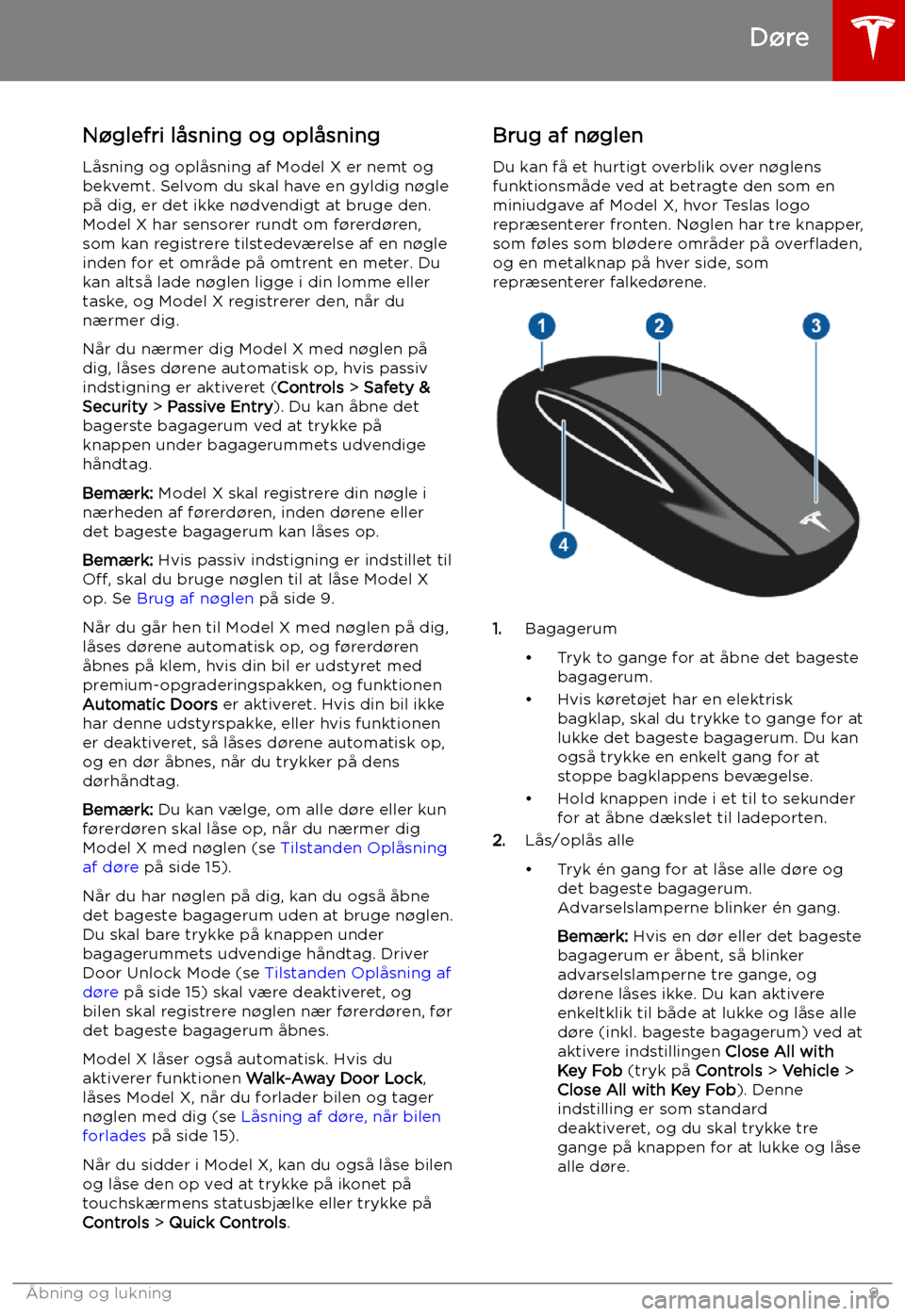 TESLA MODEL X 2019  Instruktionsbog (in Danish) 