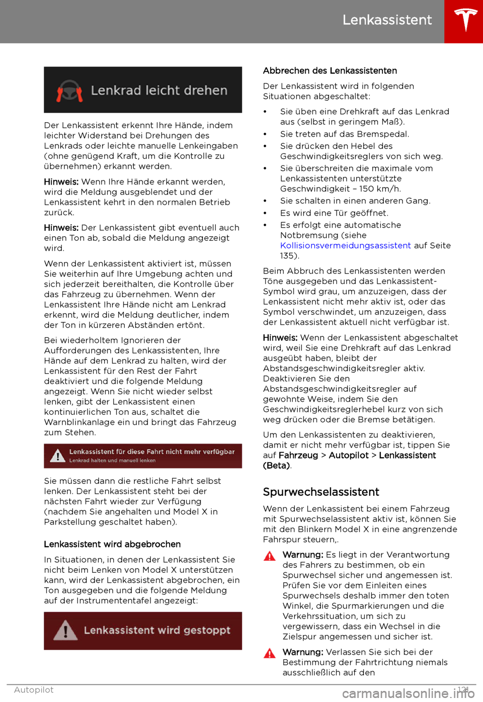 TESLA MODEL X 2019 Betriebsanleitung (in German) Der Lenkassistent erkennt Ihre H TESLA MODEL X 2019 Betriebsanleitung (in German) Der Lenkassistent erkennt Ihre H