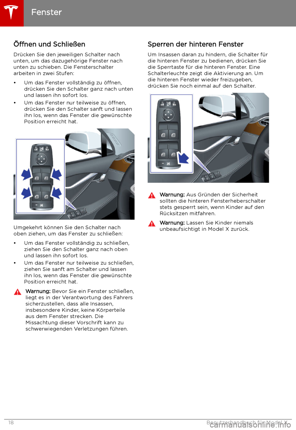 TESLA MODEL X 2019  Betriebsanleitung (in German)  Fenster
