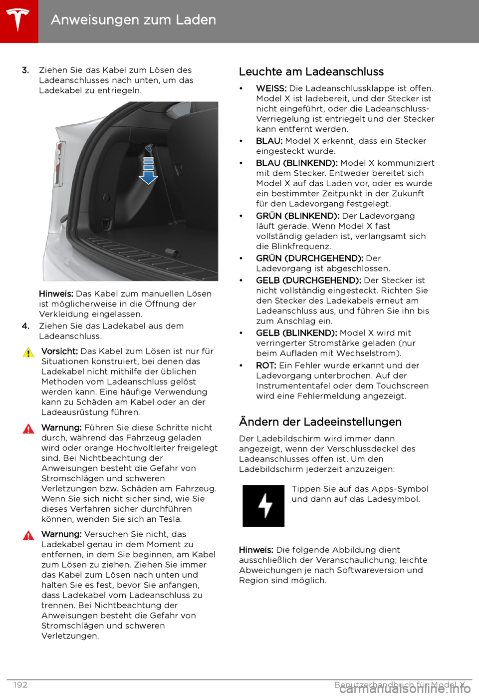 TESLA MODEL X 2019 Betriebsanleitung (in German) 3.Ziehen Sie das Kabel zum L TESLA MODEL X 2019 Betriebsanleitung (in German) 3.Ziehen Sie das Kabel zum L