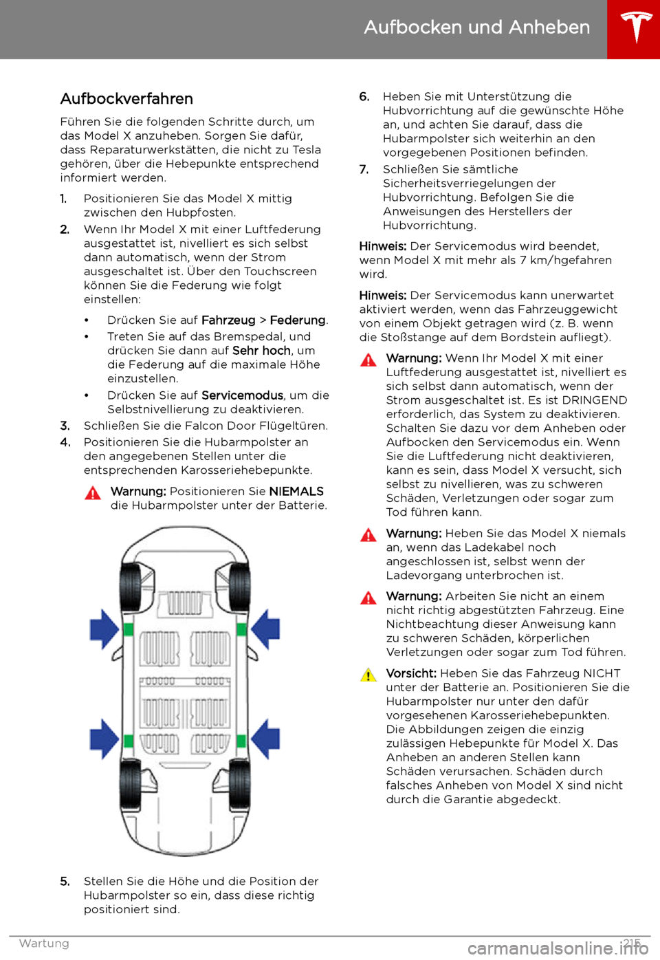 TESLA MODEL X 2019 Betriebsanleitung (in German) Aufbocken und Anheben
Aufbockverfahren
F TESLA MODEL X 2019 Betriebsanleitung (in German) Aufbocken und Anheben
Aufbockverfahren
F