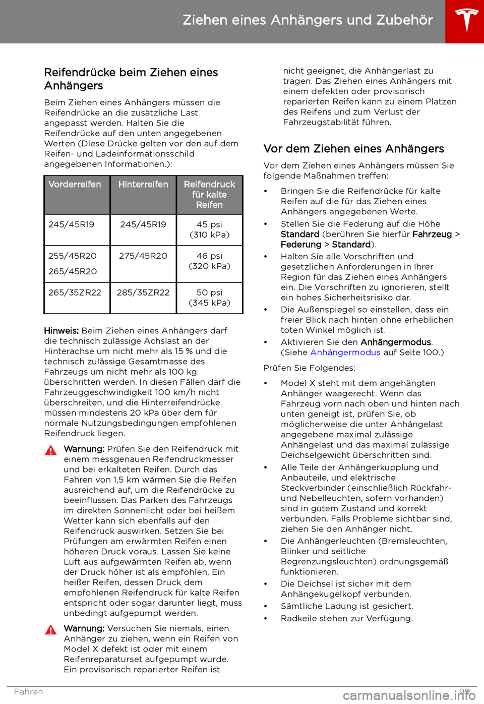 TESLA MODEL X 2019  Betriebsanleitung (in German)  Reifendr