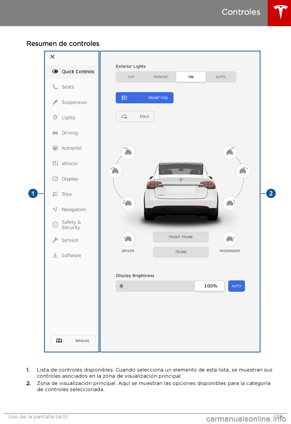 TESLA MODEL X 2019 Manual del propietario (in Spanish) Resumen de controles
1.Lista de controles disponibles. Cuando selecciona un elemento de esta lista, se muestran sus
controles asociados en la zona de visualizaci TESLA MODEL X 2019 Manual del propietario (in Spanish) Resumen de controles
1.Lista de controles disponibles. Cuando selecciona un elemento de esta lista, se muestran sus
controles asociados en la zona de visualizaci