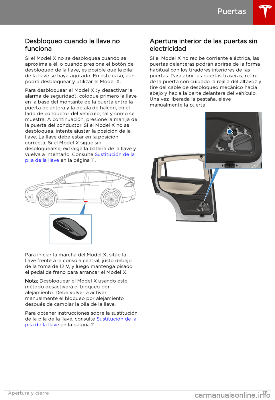TESLA MODEL X 2019 Manual del propietario (in Spanish) Desbloqueo cuando la llave no
funciona
Si el Model X no se desbloquea cuando se
aproxima a TESLA MODEL X 2019 Manual del propietario (in Spanish) Desbloqueo cuando la llave no
funciona
Si el Model X no se desbloquea cuando se
aproxima a