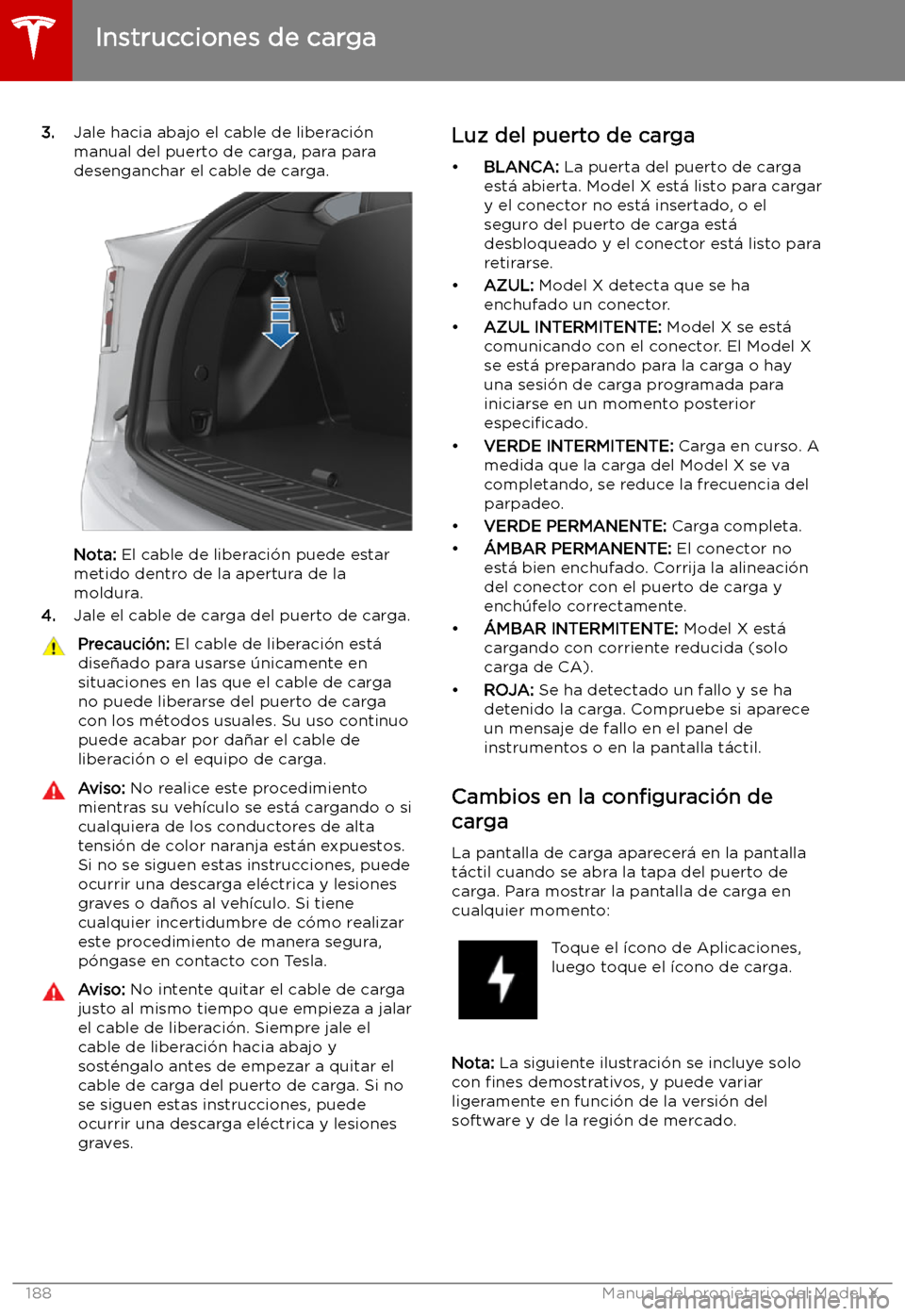 TESLA MODEL X 2019 Manual del propietario (in Spanish) 3.Jale hacia abajo el cable de liberaci TESLA MODEL X 2019 Manual del propietario (in Spanish) 3.Jale hacia abajo el cable de liberaci