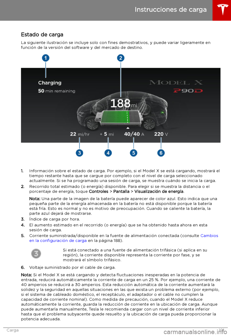 TESLA MODEL X 2019 Manual del propietario (in Spanish) Estado de carga
La siguiente ilustraci TESLA MODEL X 2019 Manual del propietario (in Spanish) Estado de carga
La siguiente ilustraci