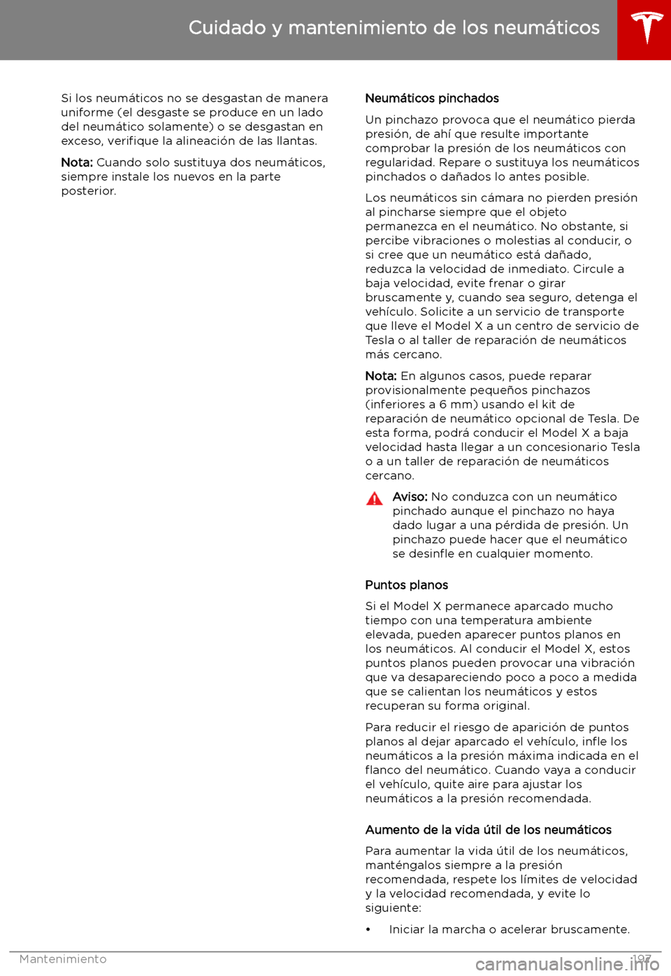 TESLA MODEL X 2019 Manual del propietario (in Spanish) Si los neum TESLA MODEL X 2019 Manual del propietario (in Spanish) Si los neum