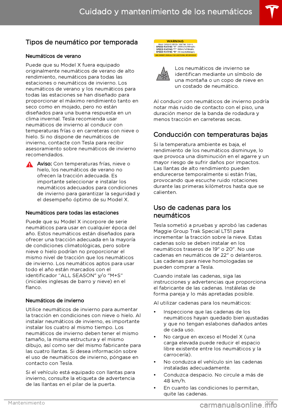 TESLA MODEL X 2019 Manual del propietario (in Spanish) Tipos de neum TESLA MODEL X 2019 Manual del propietario (in Spanish) Tipos de neum