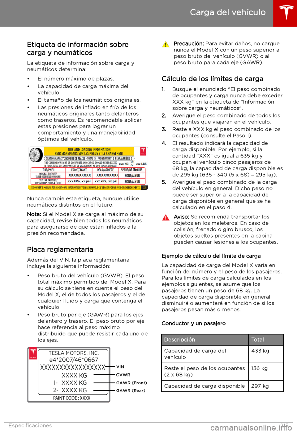 TESLA MODEL X 2019 Manual del propietario (in Spanish) Etiqueta de informaci TESLA MODEL X 2019 Manual del propietario (in Spanish) Etiqueta de informaci