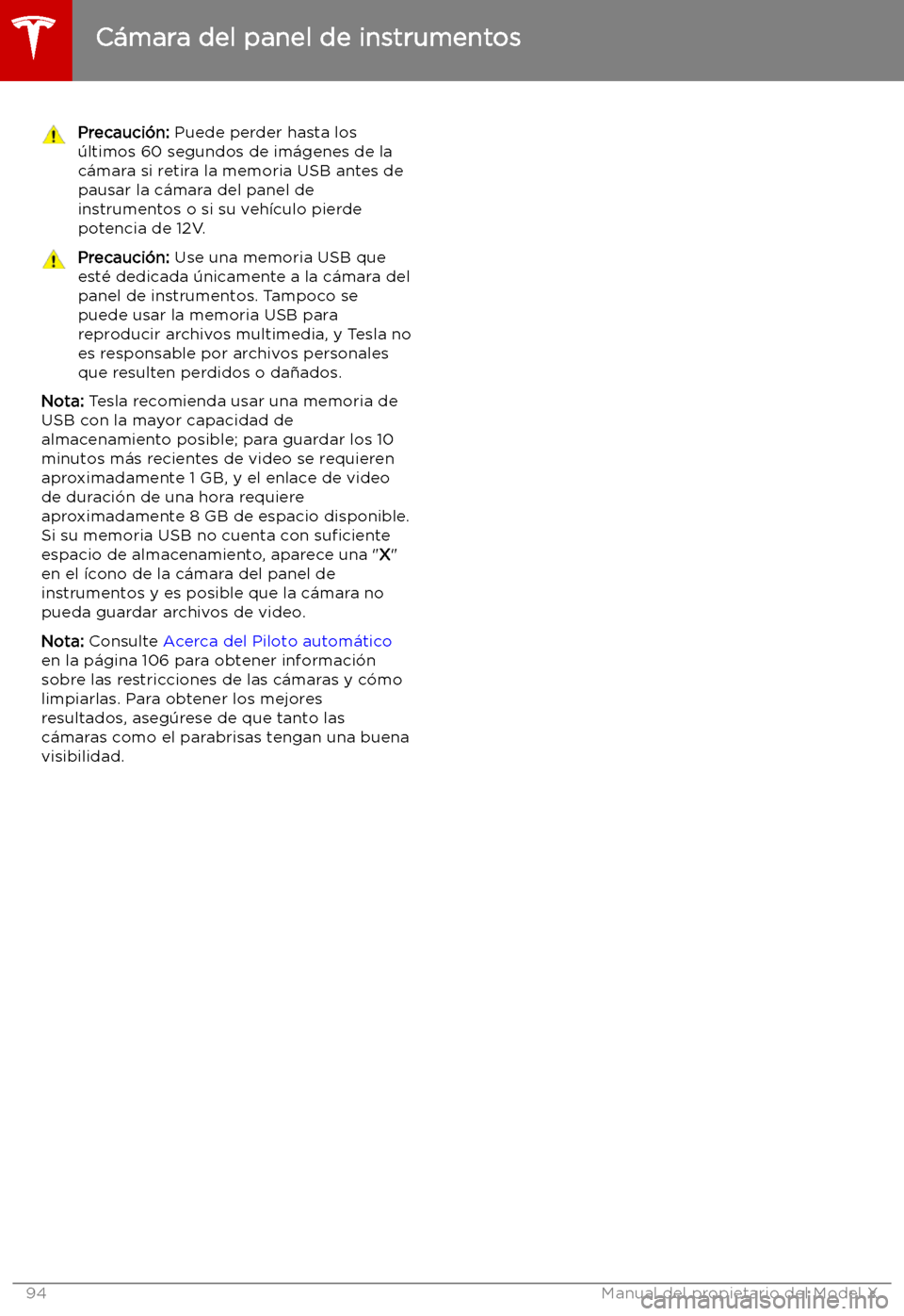 TESLA MODEL X 2019 Manual del propietario (in Spanish) Precauci TESLA MODEL X 2019 Manual del propietario (in Spanish) Precauci