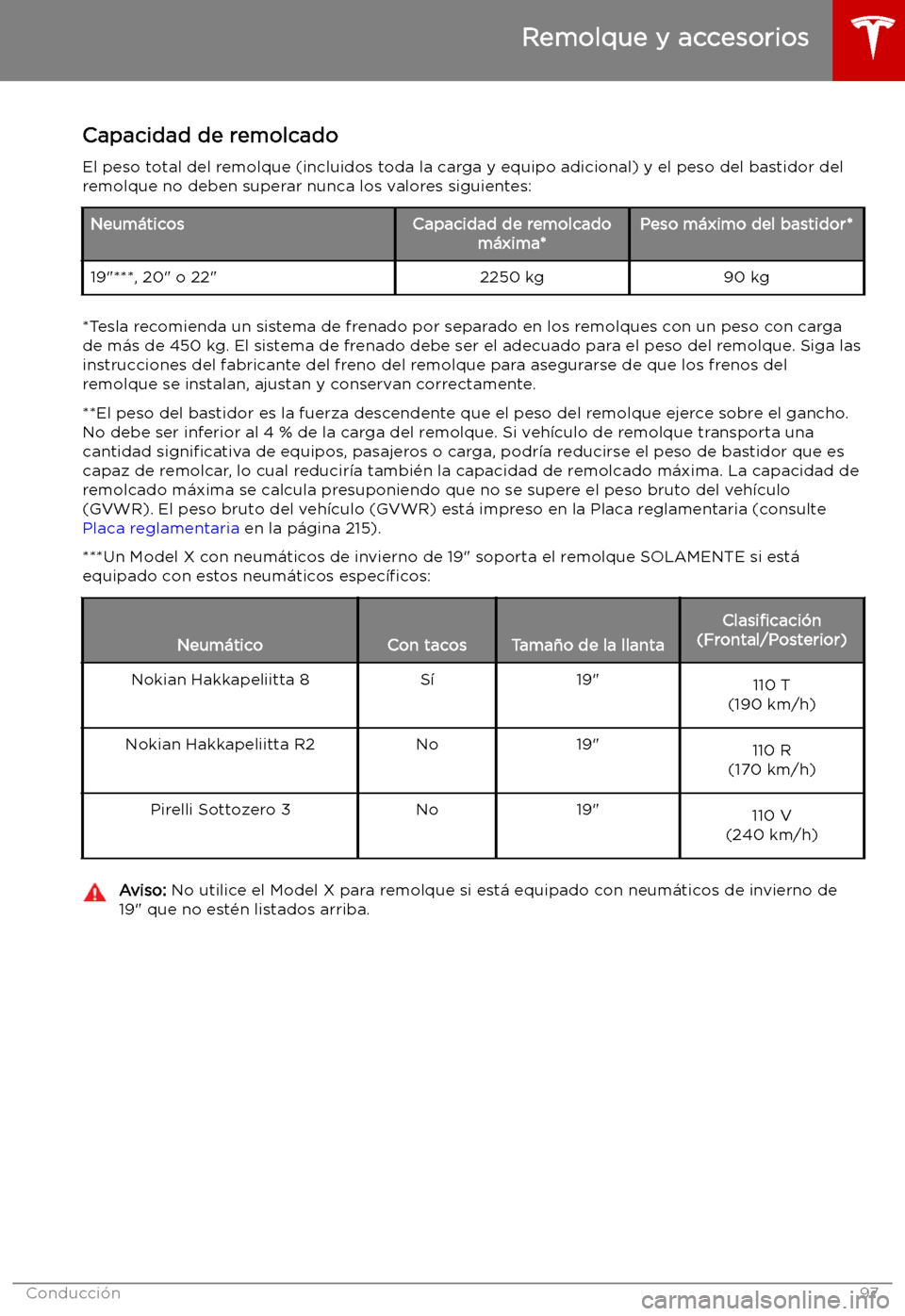 TESLA MODEL X 2019 Manual del propietario (in Spanish) Capacidad de remolcado
El peso total del remolque (incluidos toda la carga y equipo adicional) y el peso del bastidor del
remolque no deben superar nunca los valores siguientes:Neum TESLA MODEL X 2019 Manual del propietario (in Spanish) Capacidad de remolcado
El peso total del remolque (incluidos toda la carga y equipo adicional) y el peso del bastidor del
remolque no deben superar nunca los valores siguientes:Neum