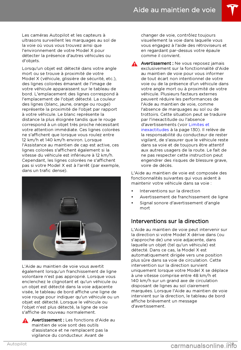 TESLA MODEL X 2019  Manuel du propriétaire (in French) Aide au maintien de voie
Les cam