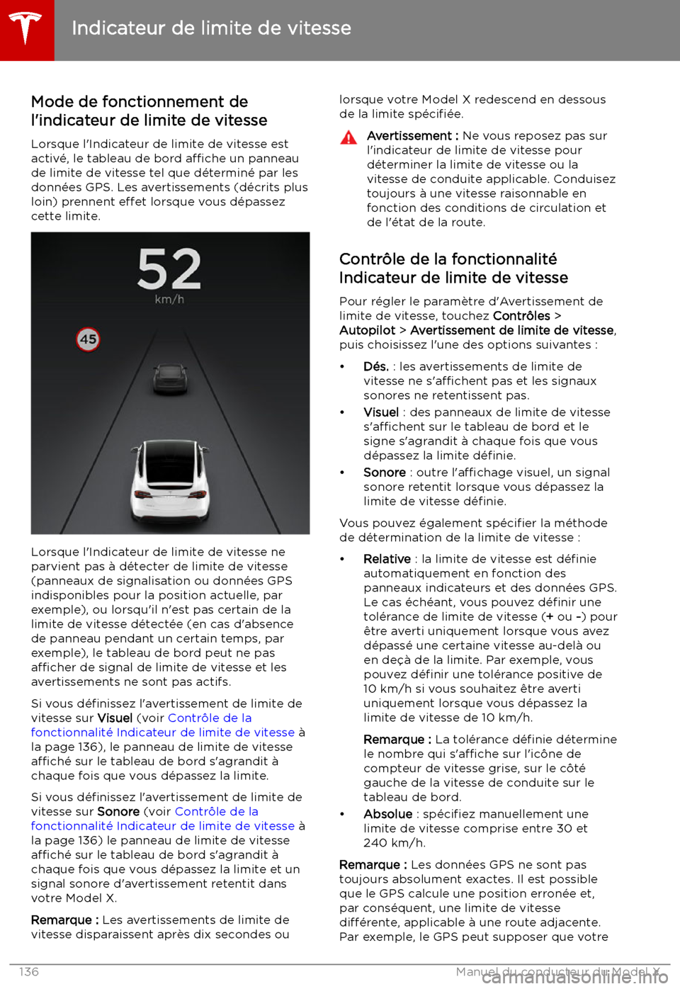 TESLA MODEL X 2019 Manuel du propriétaire (in French) Indicateur de limite de vitesse
Mode de fonctionnement de
l TESLA MODEL X 2019 Manuel du propriétaire (in French) Indicateur de limite de vitesse
Mode de fonctionnement de
l