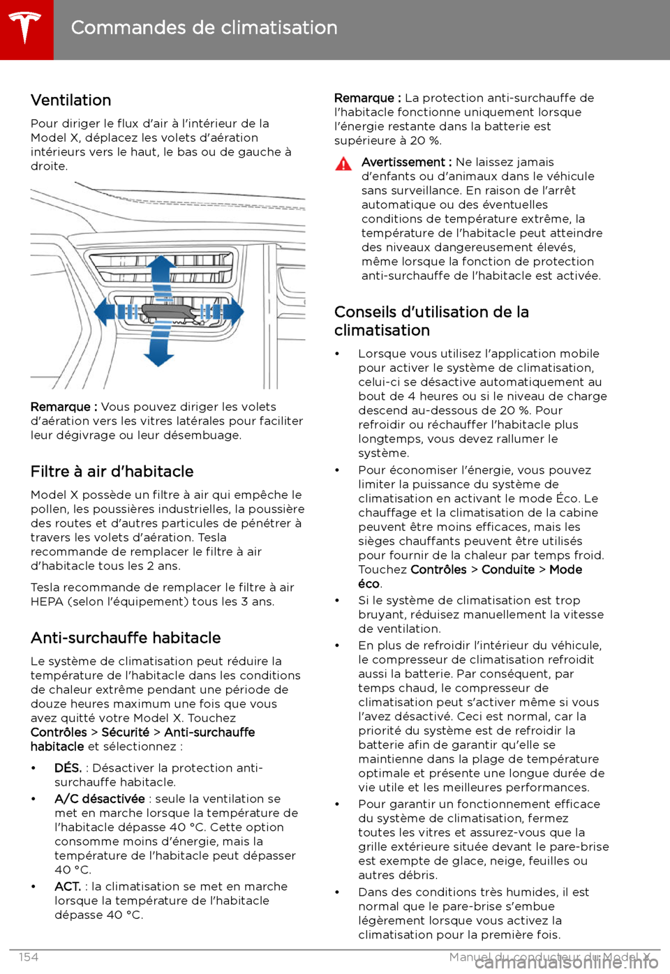 TESLA MODEL X 2019 Manuel du propriétaire (in French) VentilationPour diriger le TESLA MODEL X 2019 Manuel du propriétaire (in French) VentilationPour diriger le
