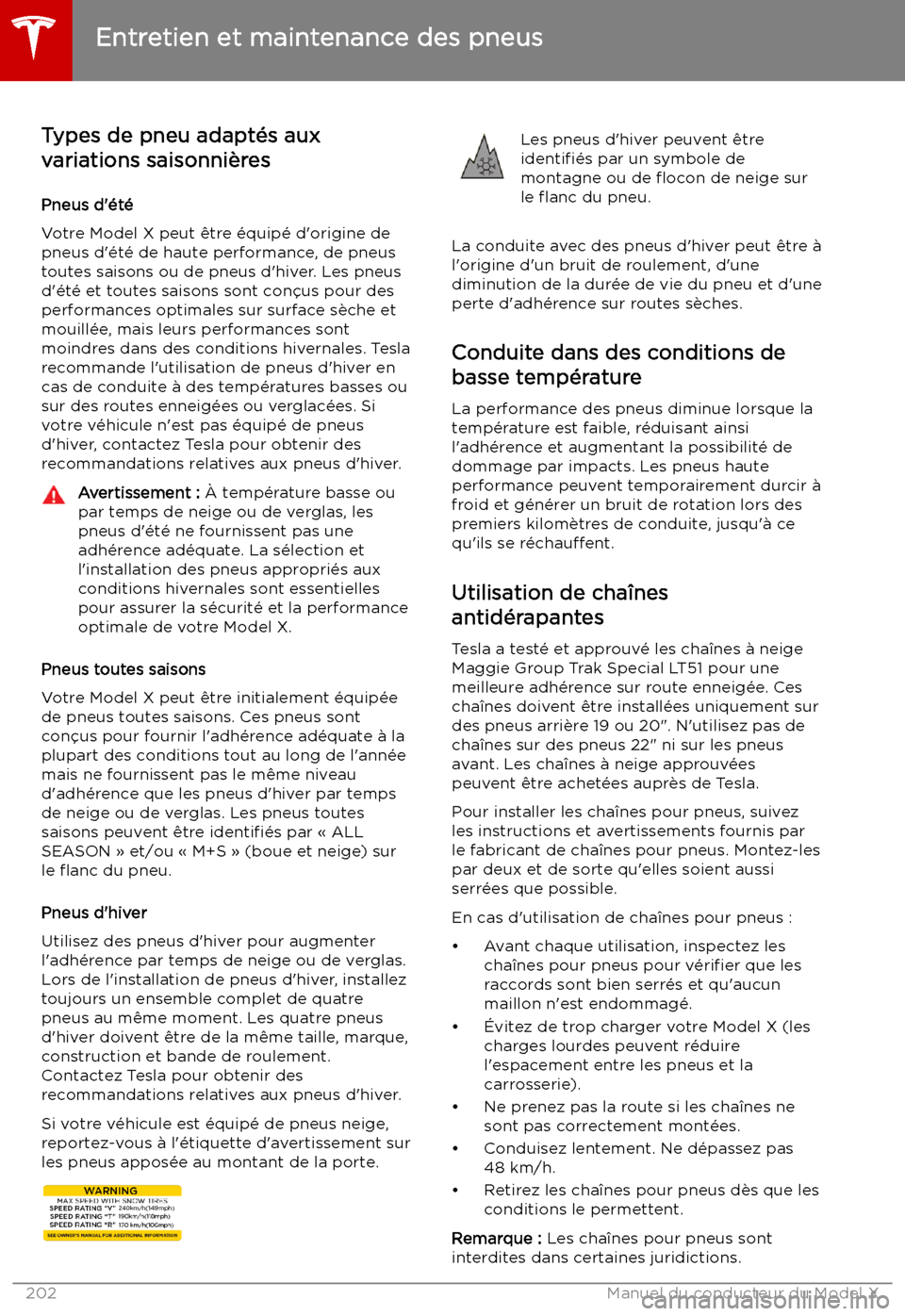 TESLA MODEL X 2019 Manuel du propriétaire (in French) Types de pneu adapt TESLA MODEL X 2019 Manuel du propriétaire (in French) Types de pneu adapt