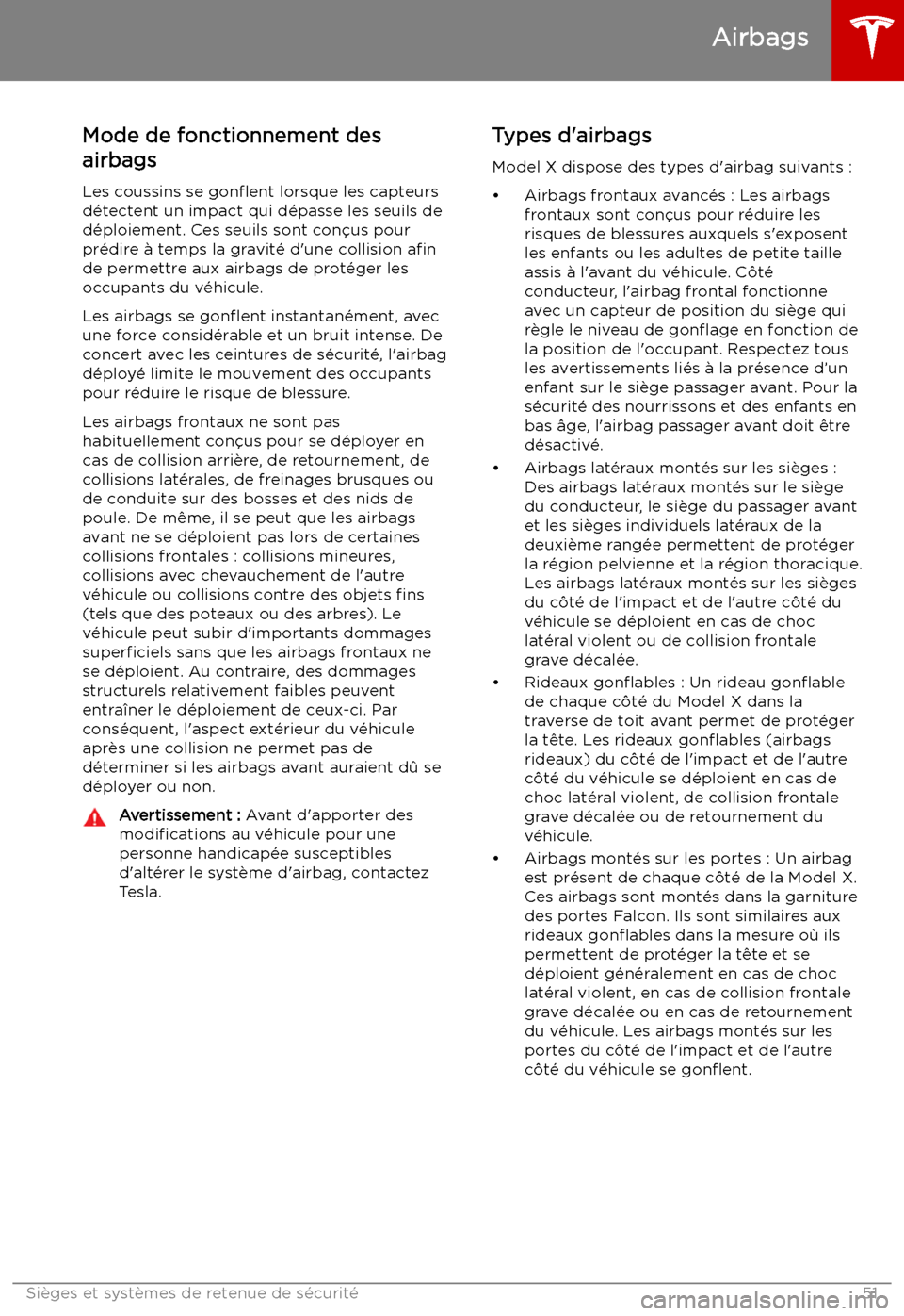 TESLA MODEL X 2019 Manuel du propriétaire (in French) Mode de fonctionnement des
airbags
Les coussins se gon TESLA MODEL X 2019 Manuel du propriétaire (in French) Mode de fonctionnement des
airbags
Les coussins se gon