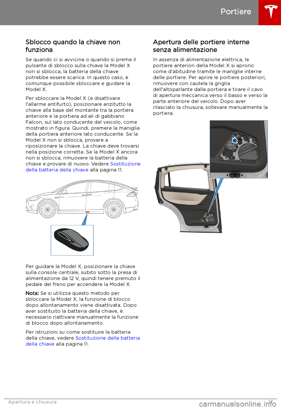 TESLA MODEL X 2019 Manuale del proprietario (in Italian) Sblocco quando la chiave non
funziona
Se quando ci si avvicina o quando si preme il
pulsante di sblocco sulla chiave la Model X
non si sblocca, la batteria della chiave
potrebbe essere scarica. In que TESLA MODEL X 2019 Manuale del proprietario (in Italian) Sblocco quando la chiave non
funziona
Se quando ci si avvicina o quando si preme il
pulsante di sblocco sulla chiave la Model X
non si sblocca, la batteria della chiave
potrebbe essere scarica. In que