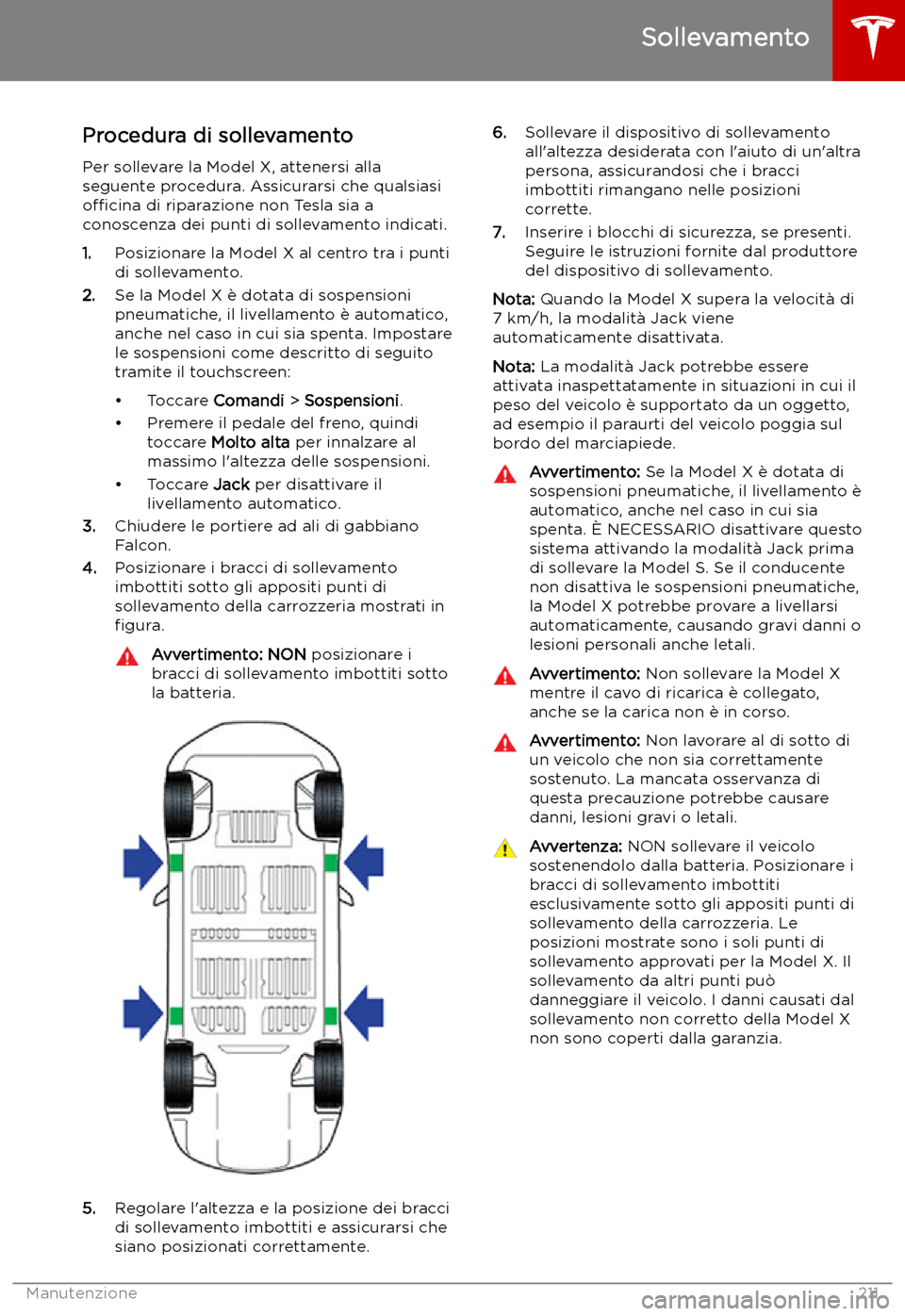 TESLA MODEL X 2019  Manuale del proprietario (in Italian) Sollevamento
Procedura di sollevamento
Per sollevare la Model X, attenersi alla seguente procedura. Assicurarsi che qualsiasio