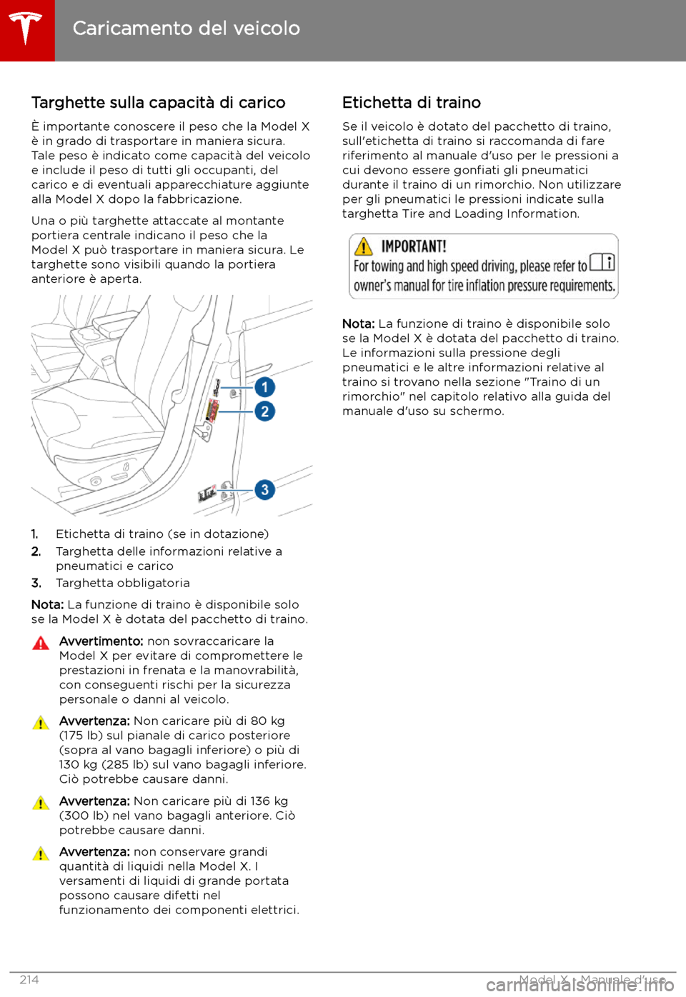 TESLA MODEL X 2019  Manuale del proprietario (in Italian) Caricamento del veicolo
Targhette sulla capacit