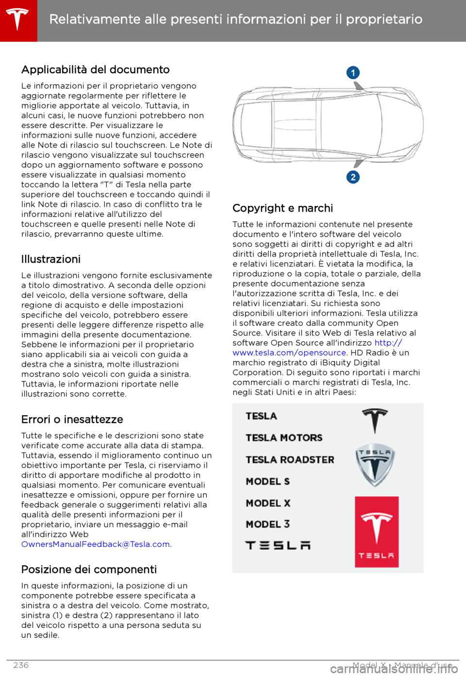 TESLA MODEL X 2019 Manuale del proprietario (in Italian) Relativamente alle presenti informazioni per il proprietario
Applicabilit TESLA MODEL X 2019 Manuale del proprietario (in Italian) Relativamente alle presenti informazioni per il proprietario
Applicabilit