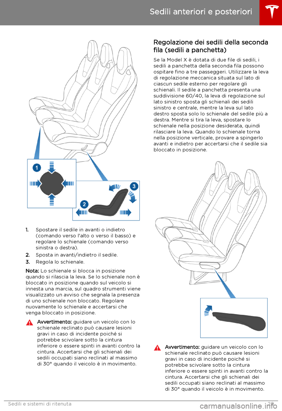 TESLA MODEL X 2019 Manuale del proprietario (in Italian) 1.Spostare il sedile in avanti o indietro
(comando verso l TESLA MODEL X 2019 Manuale del proprietario (in Italian) 1.Spostare il sedile in avanti o indietro
(comando verso l