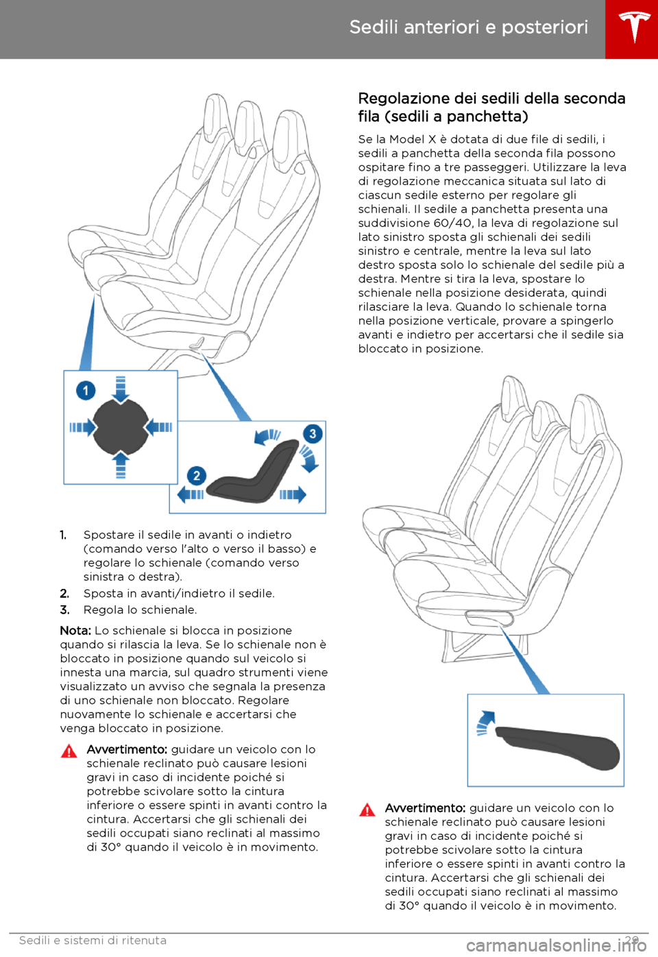 TESLA MODEL X 2019  Manuale del proprietario (in Italian) 1.Spostare il sedile in avanti o indietro
(comando verso l