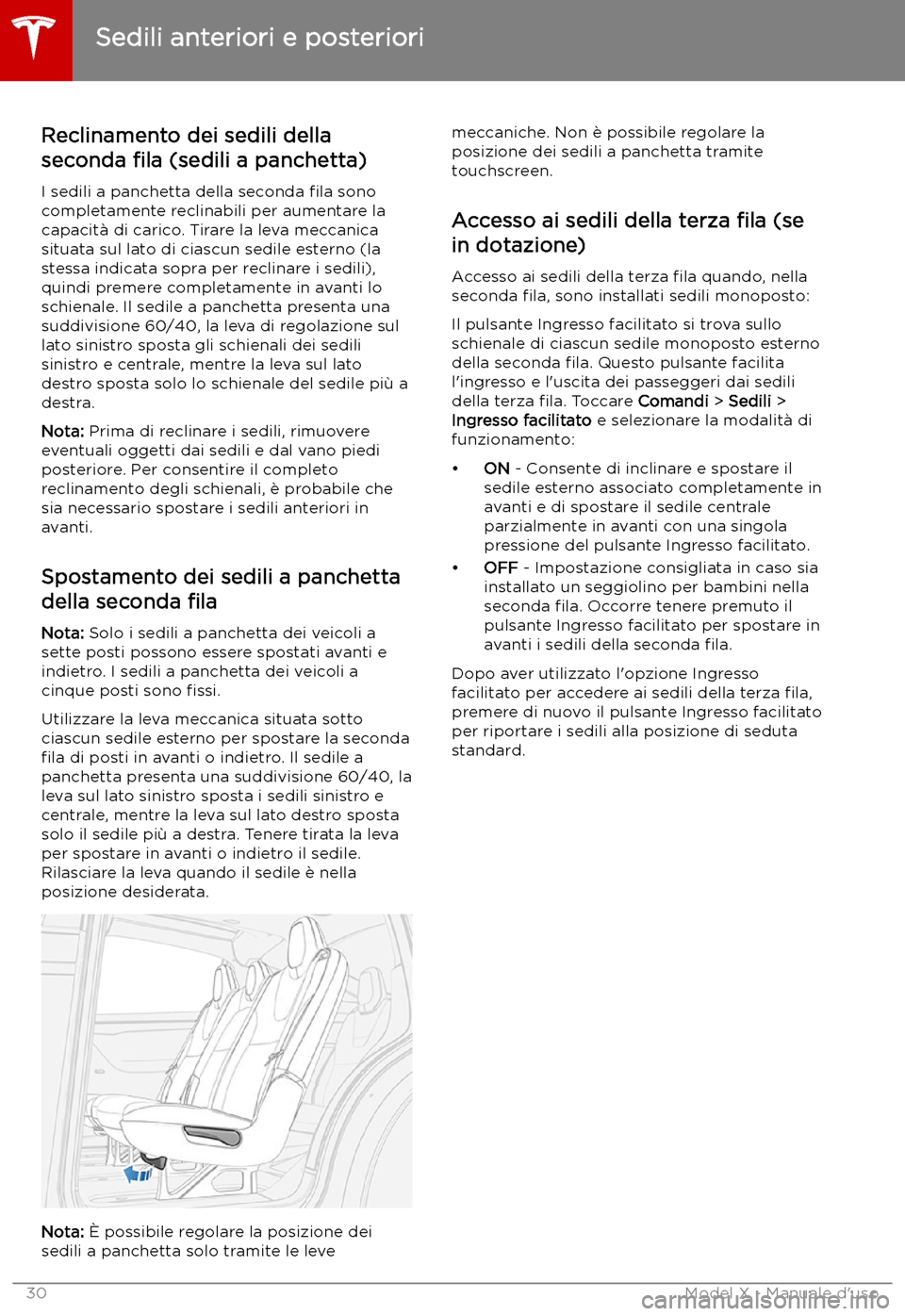 TESLA MODEL X 2019  Manuale del proprietario (in Italian) Reclinamento dei sedili della
seconda  