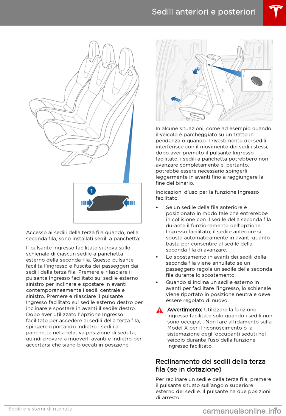 TESLA MODEL X 2019 Manuale del proprietario (in Italian) Accesso ai sedili della terza TESLA MODEL X 2019 Manuale del proprietario (in Italian) Accesso ai sedili della terza