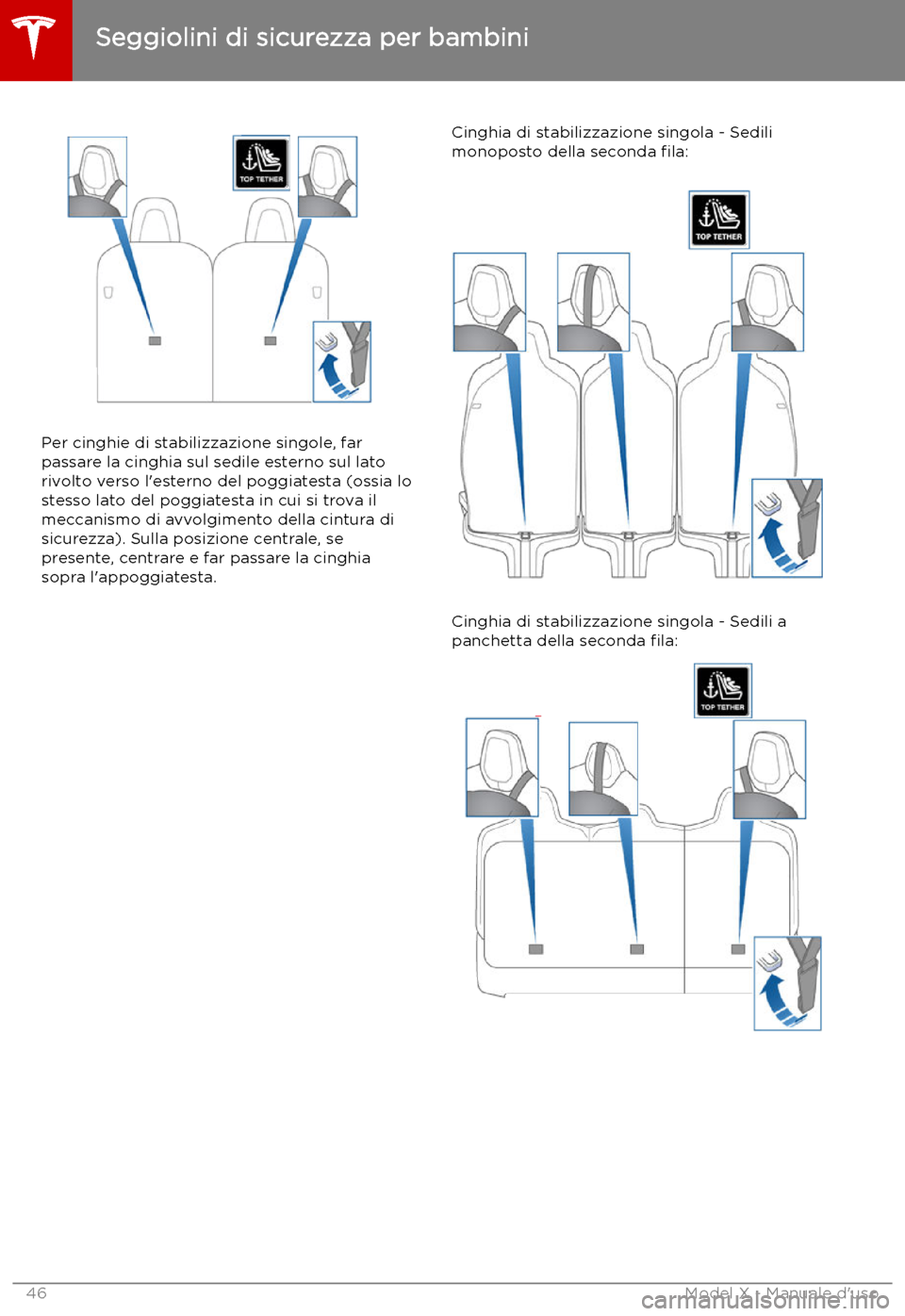 TESLA MODEL X 2019 Manuale del proprietario (in Italian) Per cinghie di stabilizzazione singole, far
passare la cinghia sul sedile esterno sul lato rivolto verso l TESLA MODEL X 2019 Manuale del proprietario (in Italian) Per cinghie di stabilizzazione singole, far
passare la cinghia sul sedile esterno sul lato rivolto verso l