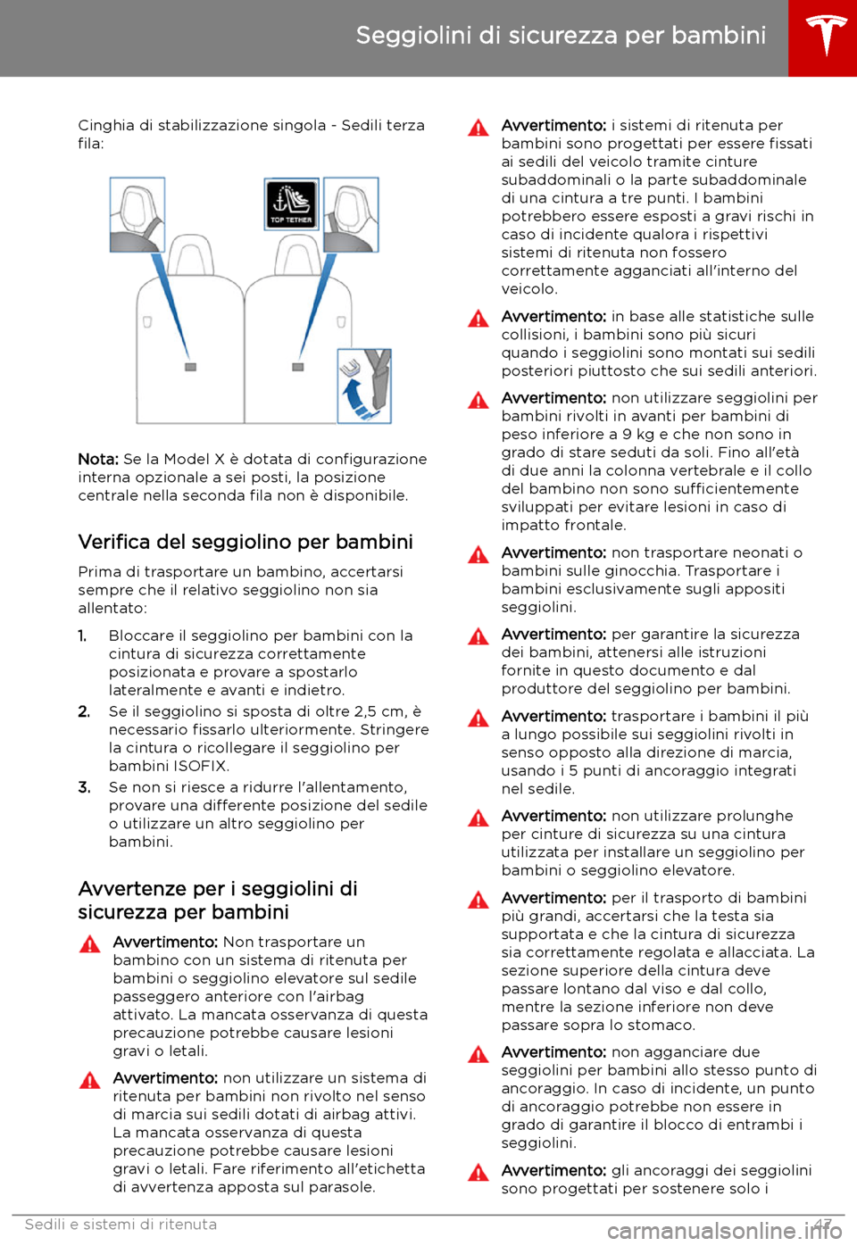 TESLA MODEL X 2019  Manuale del proprietario (in Italian) Cinghia di stabilizzazione singola - Sedili terza
