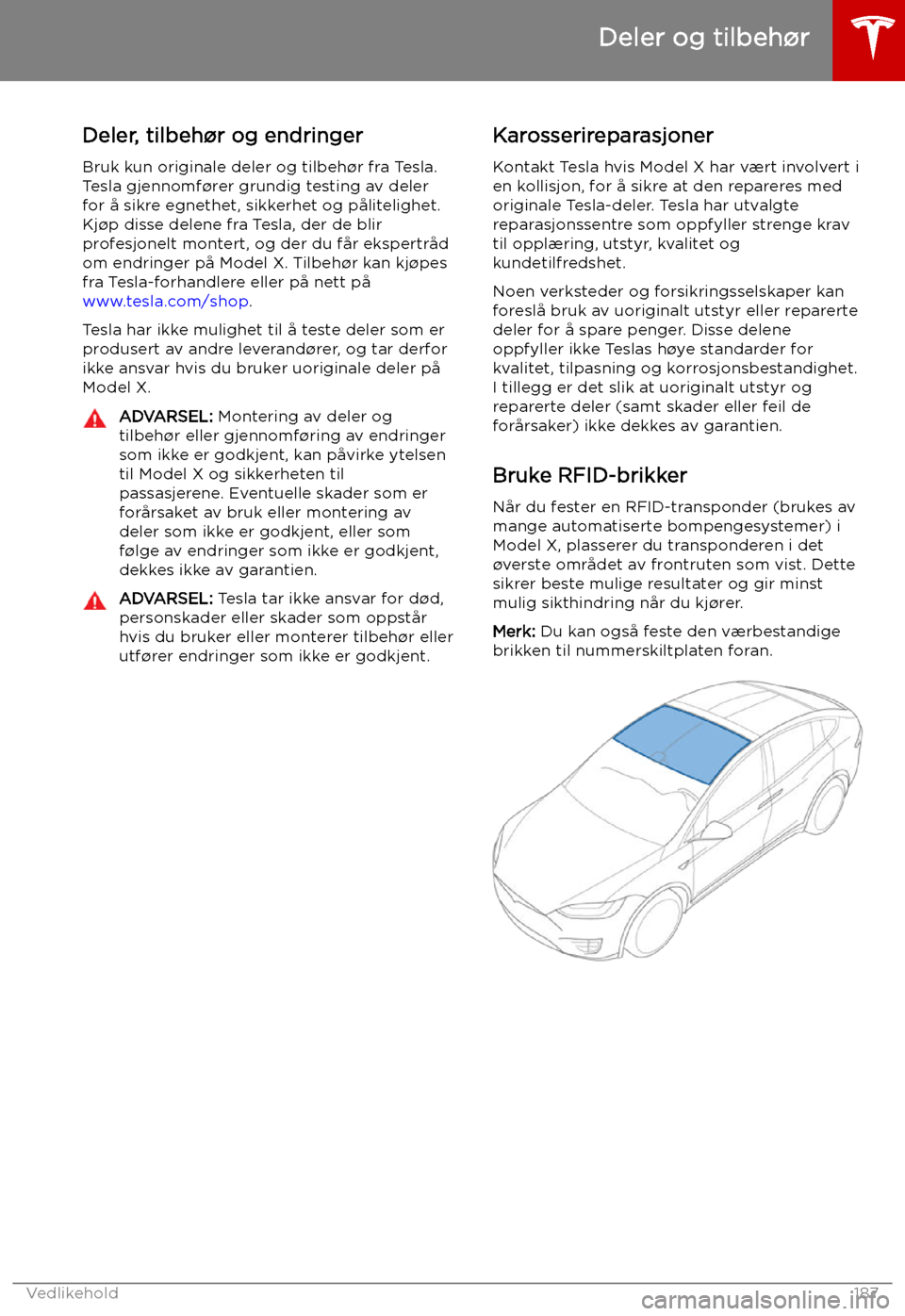 TESLA MODEL X 2019 Brukerhåndbok (in Norwegian) Deler og tilbeh TESLA MODEL X 2019 Brukerhåndbok (in Norwegian) Deler og tilbeh