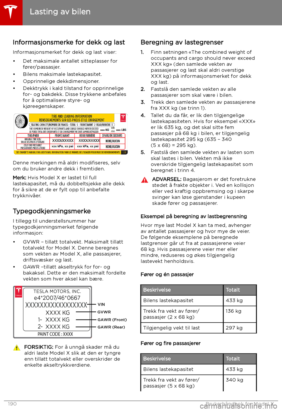 TESLA MODEL X 2019 Brukerhåndbok (in Norwegian) Informasjonsmerke for dekk og last
Informasjonsmerket for dekk og last viser: TESLA MODEL X 2019 Brukerhåndbok (in Norwegian) Informasjonsmerke for dekk og last
Informasjonsmerket for dekk og last viser: