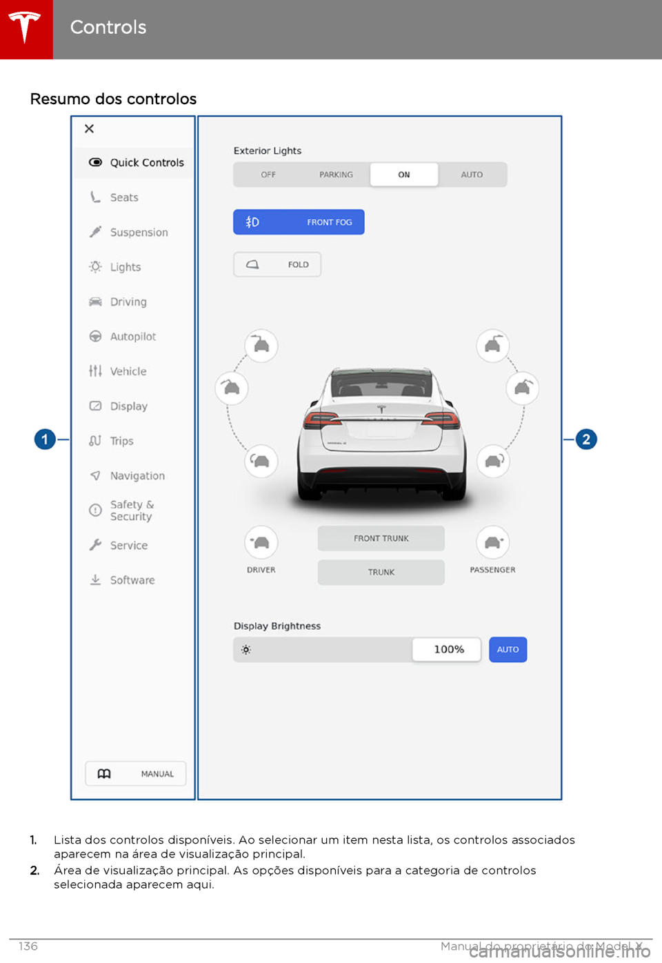 TESLA MODEL X 2019 Manual do proprietário (in Portuguese) Resumo dos controlos
1.Lista dos controlos dispon TESLA MODEL X 2019 Manual do proprietário (in Portuguese) Resumo dos controlos
1.Lista dos controlos dispon